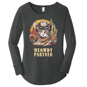 Meowdy Partner Cat Funny Howdy Meme Wild West Cowboy Hat Women's Perfect Tri Tunic Long Sleeve Shirt