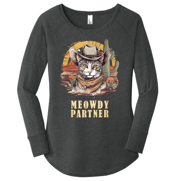 Meowdy Partner Cat Funny Howdy Meme Wild West Cowboy Hat Women's Perfect Tri Tunic Long Sleeve Shirt