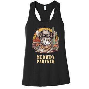 Meowdy Partner Cat Funny Howdy Meme Wild West Cowboy Hat Women's Racerback Tank