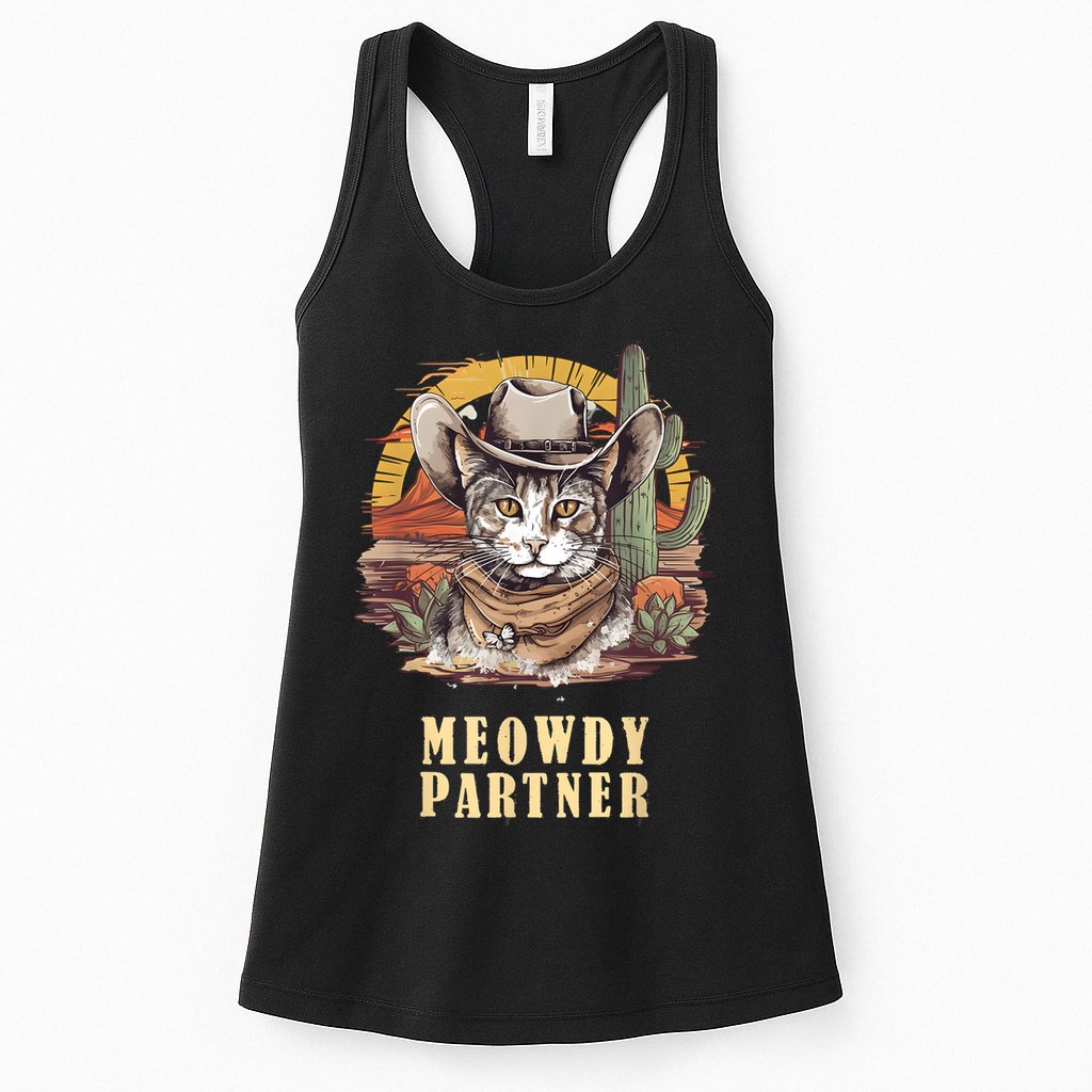 Meowdy Partner Cat Funny Howdy Meme Wild West Cowboy Hat Womens Tank Top