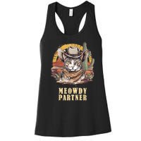 Meowdy Partner Cat Funny Howdy Meme Wild West Cowboy Hat Women's Racerback Tank