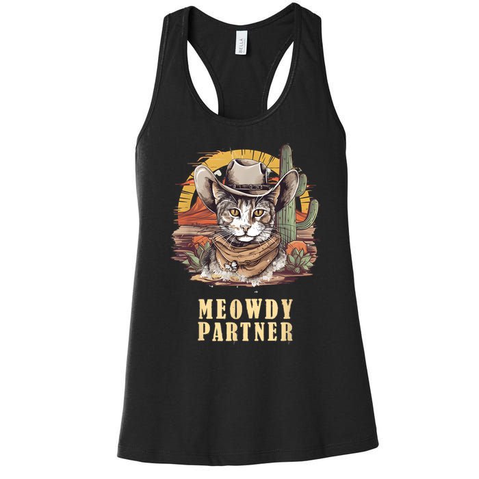 Meowdy Partner Cat Funny Howdy Meme Wild West Cowboy Hat Women's Racerback Tank