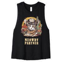 Meowdy Partner Cat Funny Howdy Meme Wild West Cowboy Hat Women's Racerback Cropped Tank