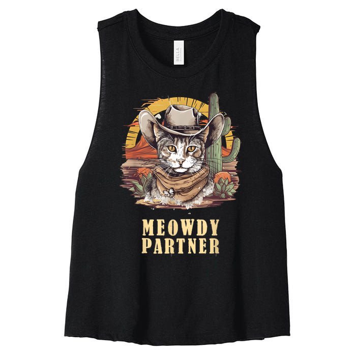 Meowdy Partner Cat Funny Howdy Meme Wild West Cowboy Hat Women's Racerback Cropped Tank