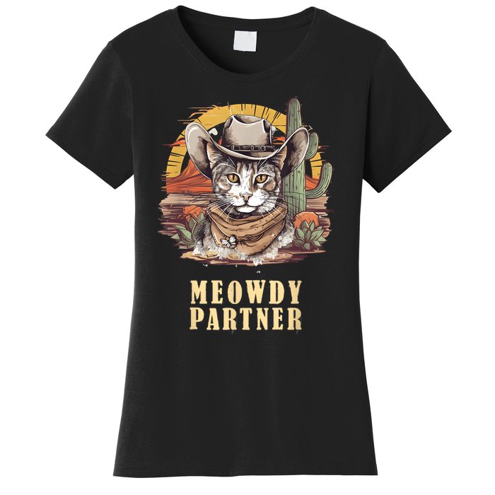 Meowdy Partner Cat Funny Howdy Meme Wild West Cowboy Hat Women's T-Shirt