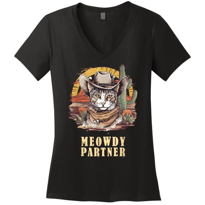 Meowdy Partner Cat Funny Howdy Meme Wild West Cowboy Hat Women's V-Neck T-Shirt