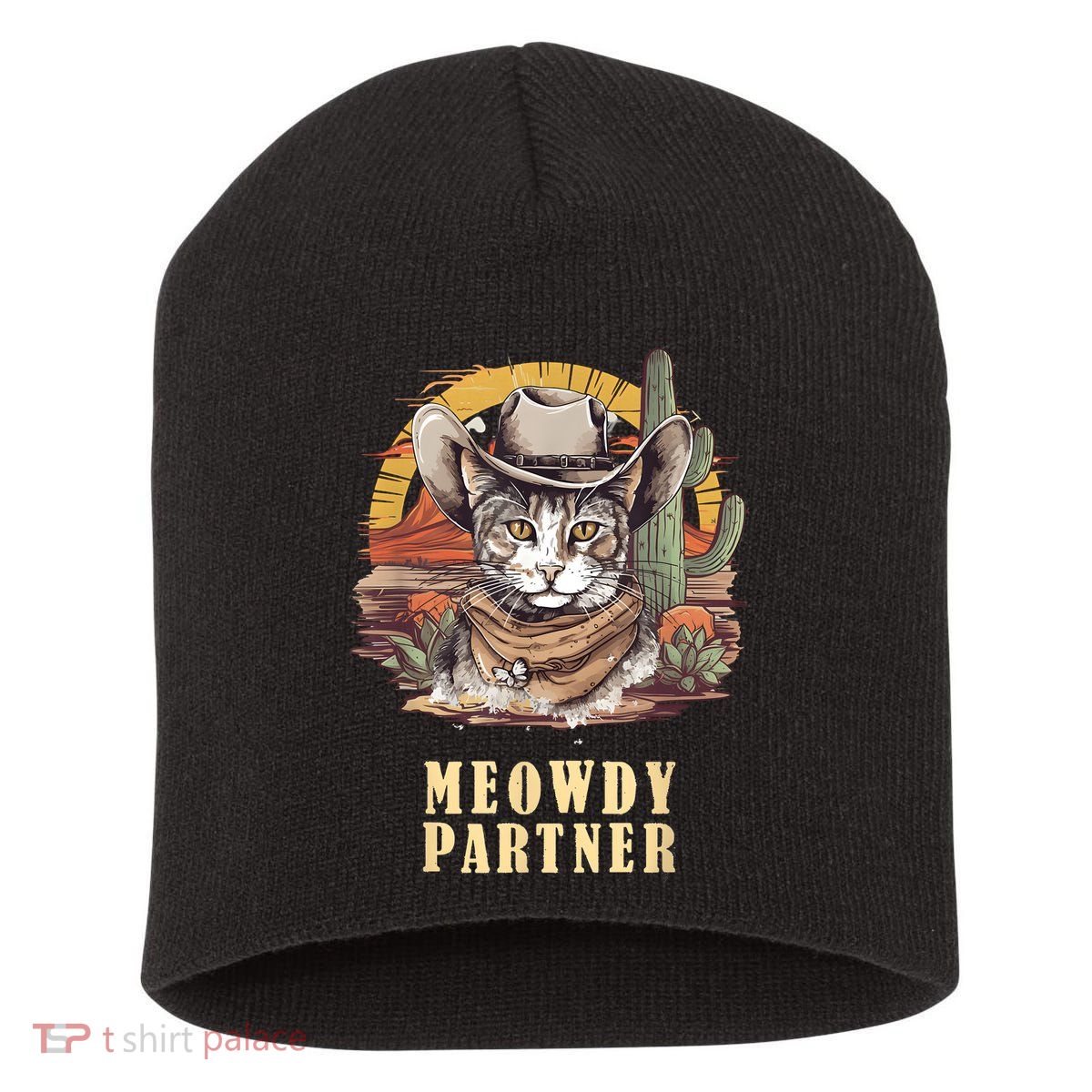 Meowdy Partner Cat Funny Howdy Meme Wild West Cowboy Hat Short Acrylic Beanie