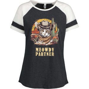 Meowdy Partner Cat Funny Howdy Meme Wild West Cowboy Hat Enza Ladies Jersey Colorblock Tee