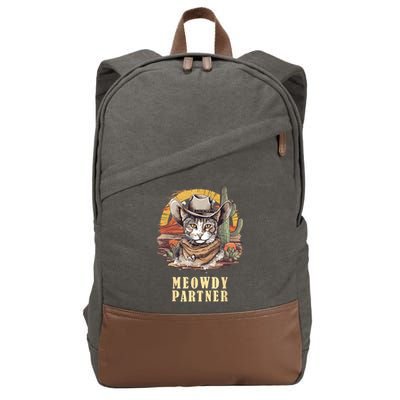 Meowdy Partner Cat Funny Howdy Meme Wild West Cowboy Hat Cotton Canvas Backpack