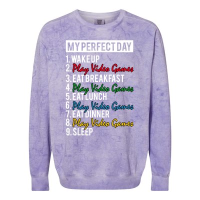 My Perfect Day Play Video Games Gaming Humor Funny Gamer Gift Colorblast Crewneck Sweatshirt