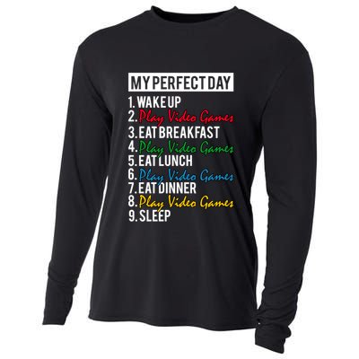 My Perfect Day Play Video Games Gaming Humor Funny Gamer Gift Cooling Performance Long Sleeve Crew