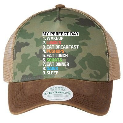 My Perfect Day Lunges Pushups Squats Workout Gains Mom Dad Gift Legacy Tie Dye Trucker Hat
