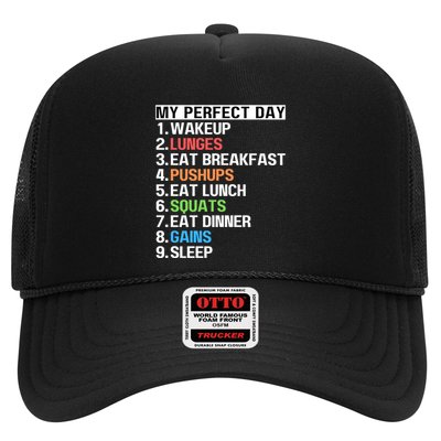 My Perfect Day Lunges Pushups Squats Workout Gains Mom Dad Gift Trucker Hat