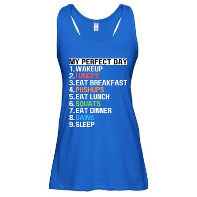 My Perfect Day Lunges Pushups Squats Workout Gains Mom Dad Gift Ladies Essential Flowy Tank