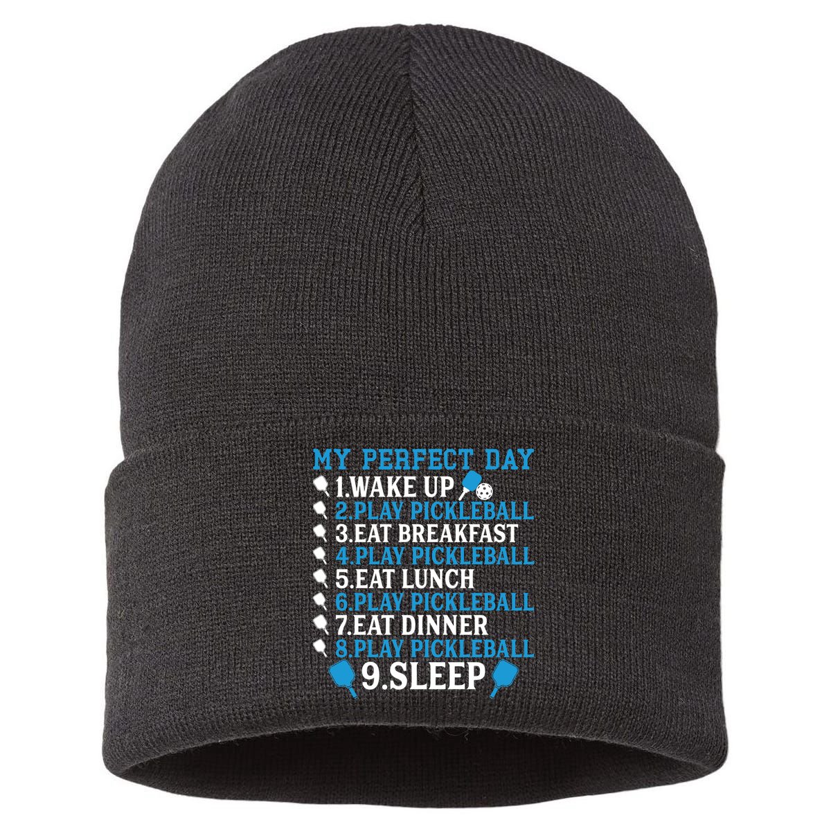 My Perfect Day Play Pickleball Funny Pickleball Gift Sustainable Knit Beanie