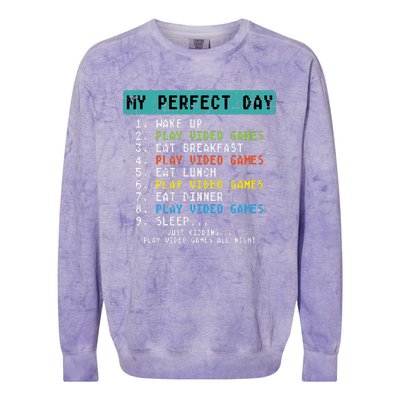 My Perfect Day Play Video Games Funny Gamer Colorblast Crewneck Sweatshirt