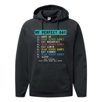 My Perfect Day Play Video Games Funny Gamer Performance Fleece Hoodie