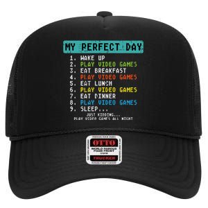 My Perfect Day Play Video Games Funny Gamer High Crown Mesh Back Trucker Hat