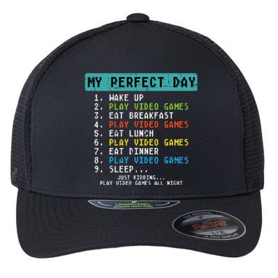 My Perfect Day Play Video Games Funny Gamer Flexfit Unipanel Trucker Cap