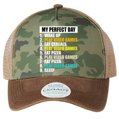 My Perfect Day Play Video Games Eat Pizza Cool Gamer Gaming Gift Legacy Tie Dye Trucker Hat