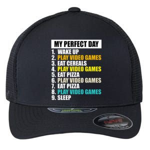 My Perfect Day Play Video Games Eat Pizza Cool Gamer Gaming Gift Flexfit Unipanel Trucker Cap