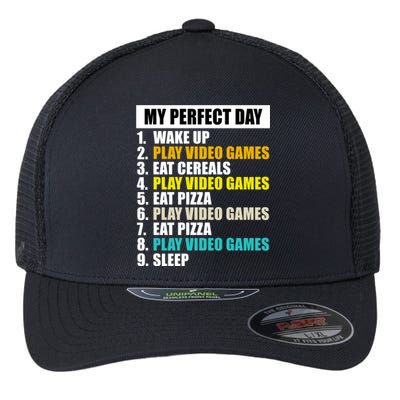 My Perfect Day Play Video Games Eat Pizza Cool Gamer Gaming Gift Flexfit Unipanel Trucker Cap