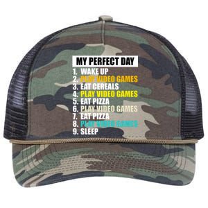 My Perfect Day Play Video Games Eat Pizza Cool Gamer Gaming Gift Retro Rope Trucker Hat Cap