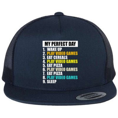 My Perfect Day Play Video Games Eat Pizza Cool Gamer Gaming Gift Flat Bill Trucker Hat