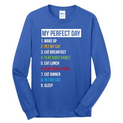 My Perfect Day Video Games And Cats Gift Tall Long Sleeve T-Shirt