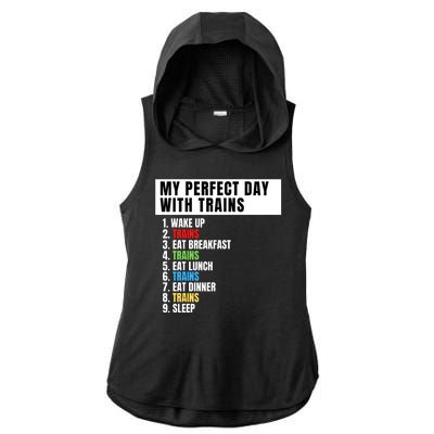 My Perfect Day Trains, Funny Locomotive & Railroad Lover Ladies PosiCharge Tri-Blend Wicking Draft Hoodie Tank