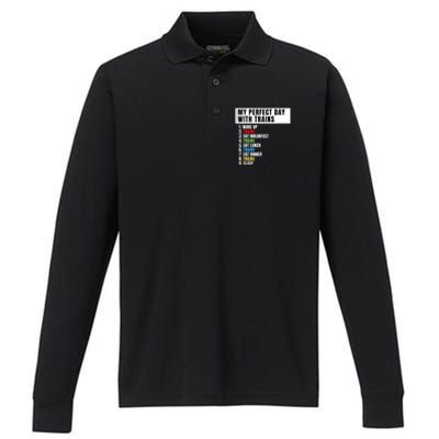 My Perfect Day Trains, Funny Locomotive & Railroad Lover Performance Long Sleeve Polo