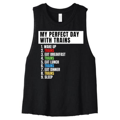 My Perfect Day Trains, Funny Locomotive & Railroad Lover Women's Racerback Cropped Tank