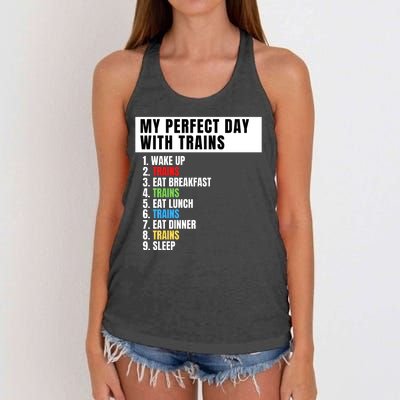 My Perfect Day Trains, Funny Locomotive & Railroad Lover Women's Knotted Racerback Tank