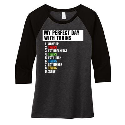 My Perfect Day Trains, Funny Locomotive & Railroad Lover Women's Tri-Blend 3/4-Sleeve Raglan Shirt