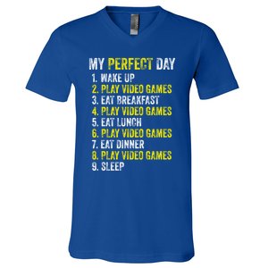 My Perfect Day Video Games Gamer Funny Cool Design Great Gift V-Neck T-Shirt