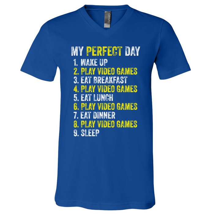 My Perfect Day Video Games Gamer Funny Cool Design Great Gift V-Neck T-Shirt