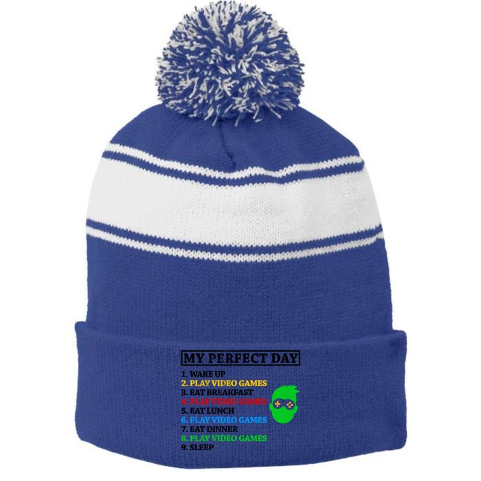 My Perfect Day Video Games Funny Gift Stripe Pom Pom Beanie