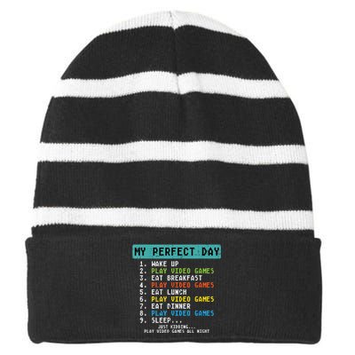 My Perfect Day Play Video Games Funny Gamer Striped Beanie with Solid Band