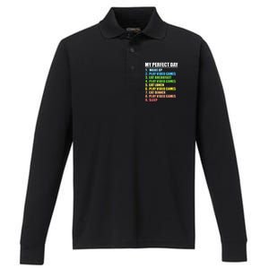 My Perfect Day Play Video Games Gamers Boy Funny Gaming Performance Long Sleeve Polo