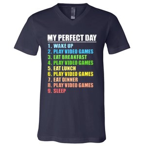 My Perfect Day Play Video Games Gamers Boy Funny Gaming V-Neck T-Shirt