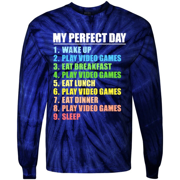 My Perfect Day Play Video Games Gamers Boy Funny Gaming Tie-Dye Long Sleeve Shirt