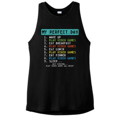 My Perfect Day Play Video Games Funny Gamer Ladies PosiCharge Tri-Blend Wicking Tank