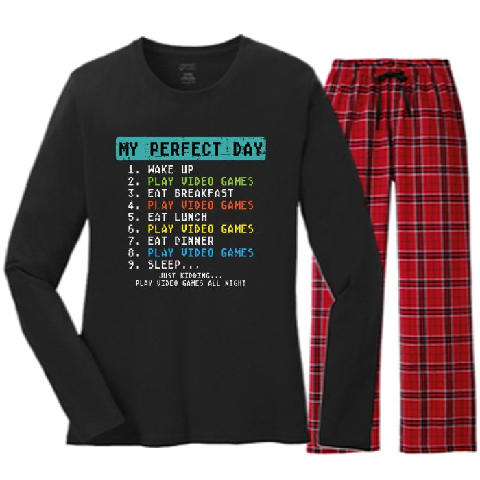 My Perfect Day Play Video Games Funny Gamer Women's Long Sleeve Flannel Pajama Set 