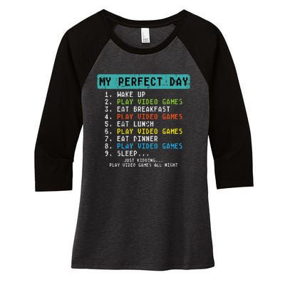 My Perfect Day Play Video Games Funny Gamer Women's Tri-Blend 3/4-Sleeve Raglan Shirt