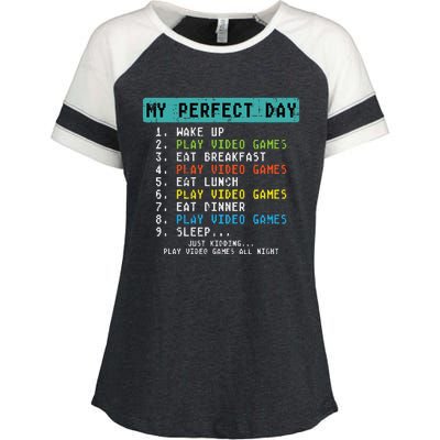 My Perfect Day Play Video Games Funny Gamer Enza Ladies Jersey Colorblock Tee