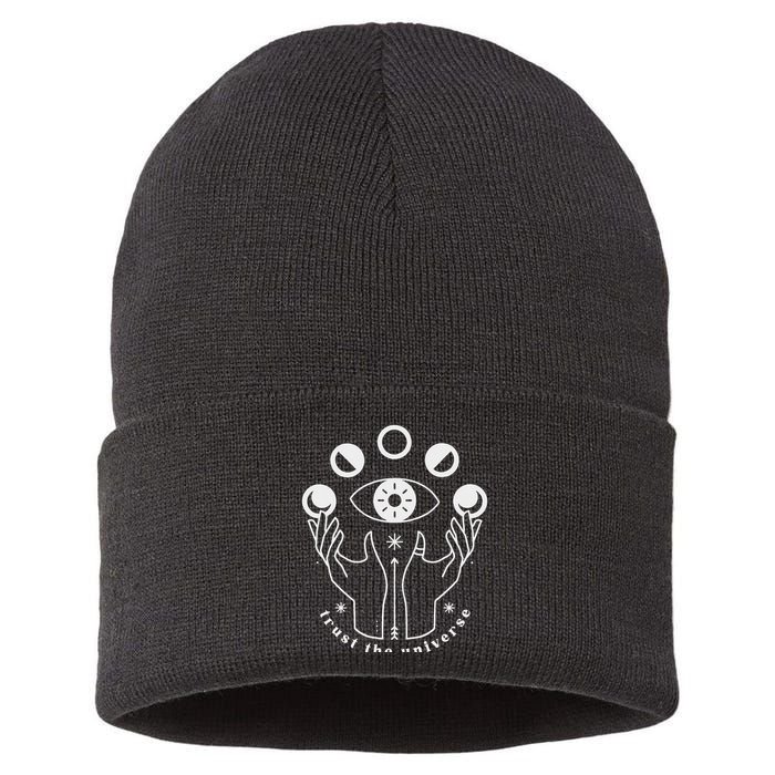 Moon Phases Esoteric Art Trust The Universe Quote Sustainable Knit Beanie