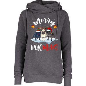 Merry Pugmas Funny Santa Reindeer Elf Pug Dog Christmas Womens Funnel Neck Pullover Hood