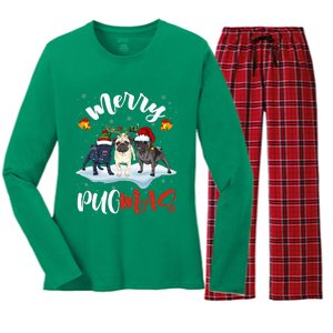 Merry Pugmas Funny Santa Reindeer Elf Pug Dog Christmas Women's Long Sleeve Flannel Pajama Set 