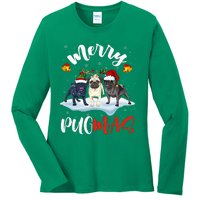 Merry Pugmas Funny Santa Reindeer Elf Pug Dog Christmas Ladies Long Sleeve Shirt