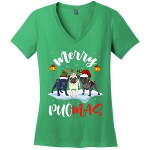 Merry Pugmas Funny Santa Reindeer Elf Pug Dog Christmas Women's V-Neck T-Shirt